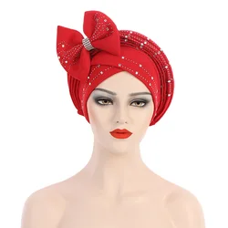 Exquisite Bow-tie Headties African Hat Ready to Wear Wedding Auto Geles Muslim Turban Headwear Female Head Wraps