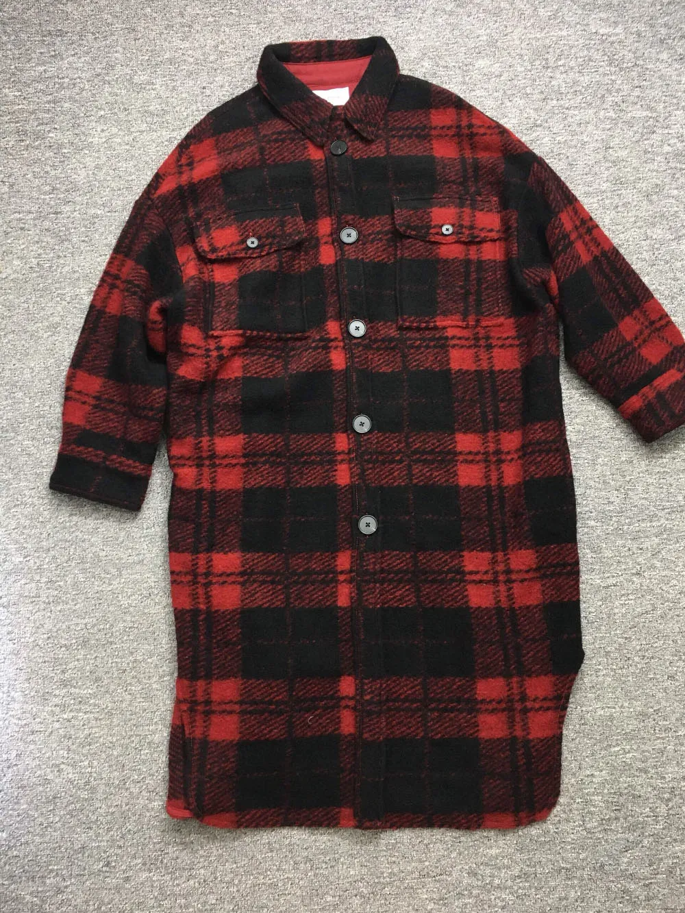 

Vintage Check Pattern Long Wool Blend Shirt Coat Chest Pockets Single Breasted Front Oversized Overshirt Woman