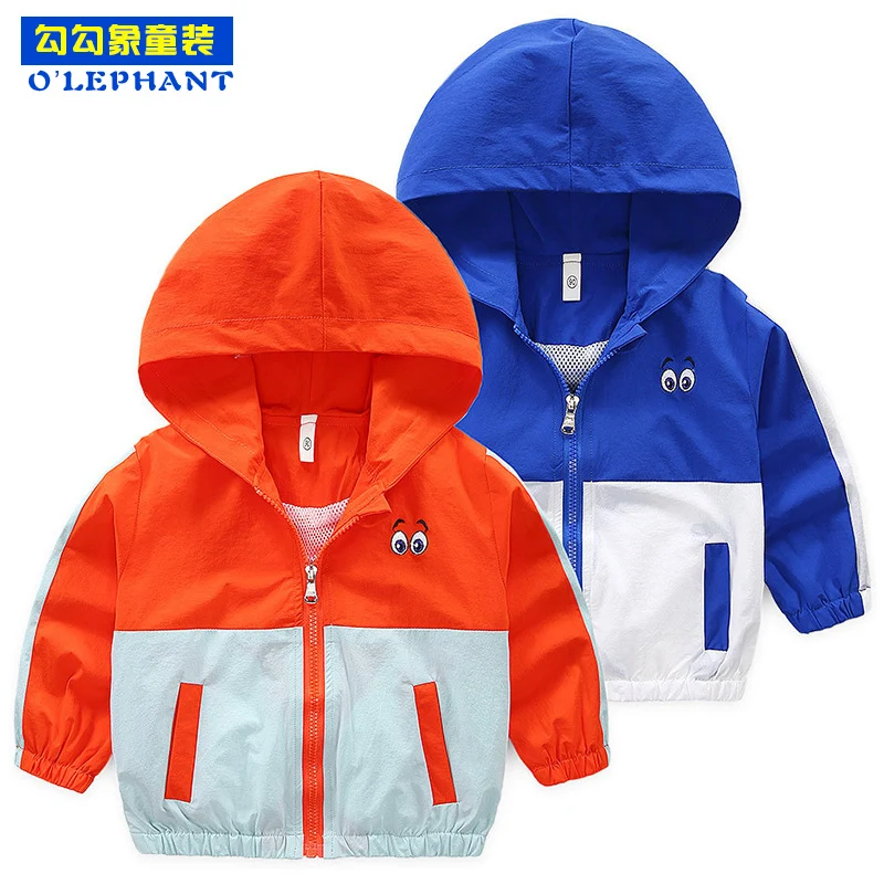 

Hooded Polyester thin jacket for boy Fashion Patchwork Children's windbreaker Spring Autumn Cartoon Eyes Embroidery Baby coat