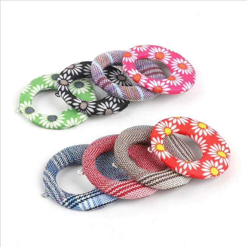 

4Pcs/lot Daisy Fabric Earrings Findings Circle Stripe Alloy Charms For DIY Earings Making Korean Boho Eardrop Jewelry Accessory