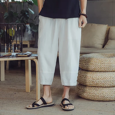 New Summer Cotton Linen Men's Chinese Style Loose Straight Harem Pants Wide Leg Lightweight Casual Calf-Length Trousers - Цвет: White
