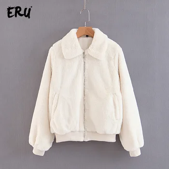 

ERU white casual winter women jacket turn down collar long sleeve warm coats chaqueta mujer thick streetwear jackets female