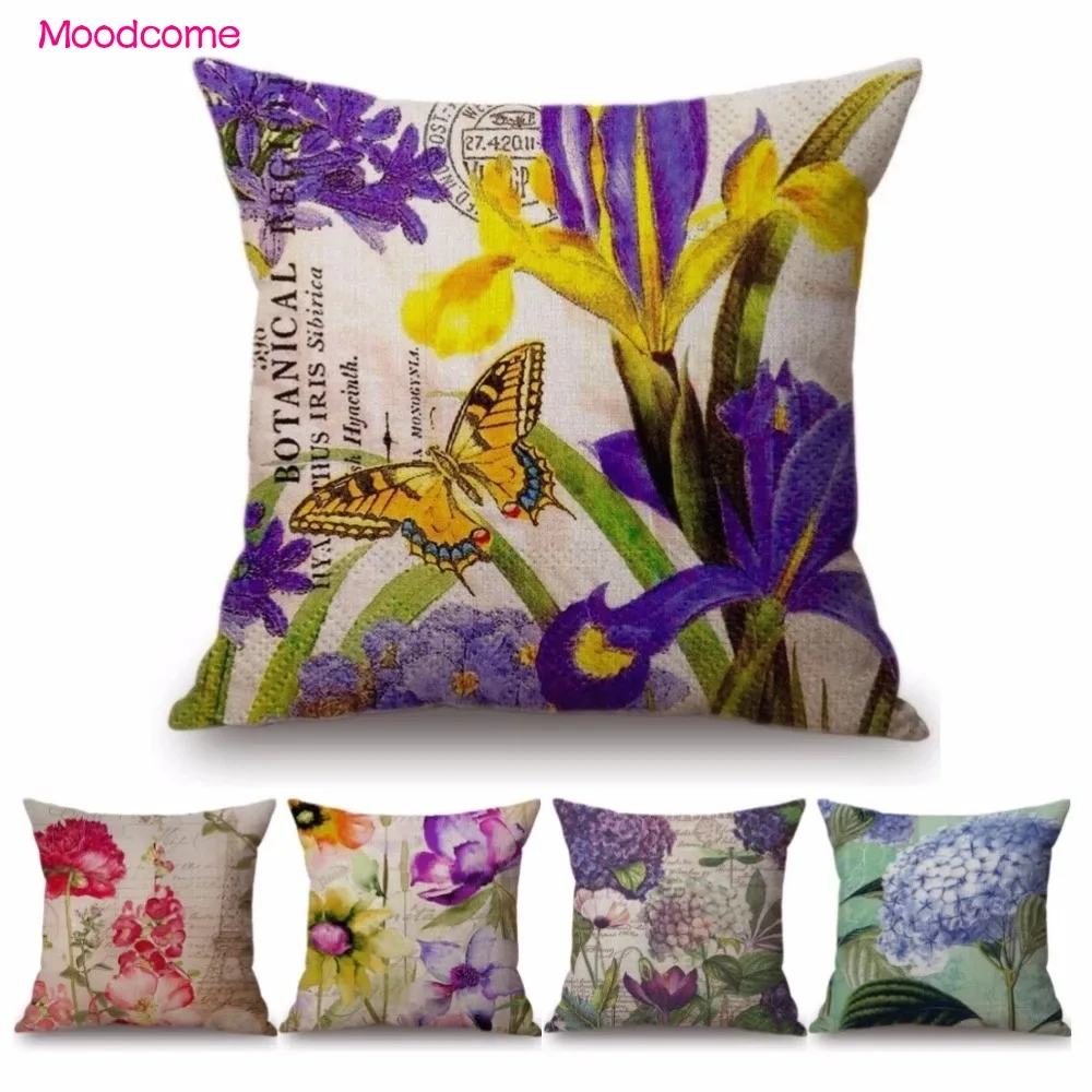 18 Inches Retro Purple Orchid Laurustinus Floral Sofa Throw Pillow Case Vintage Flower Room Decoration Cushion Cover Car | Дом и сад