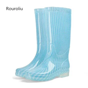 

Rouroliu Women Spring Autumn High Rainboots Non-Slip Waterproof Water Shoes Wellies PVC Rain Boots Woman RB276