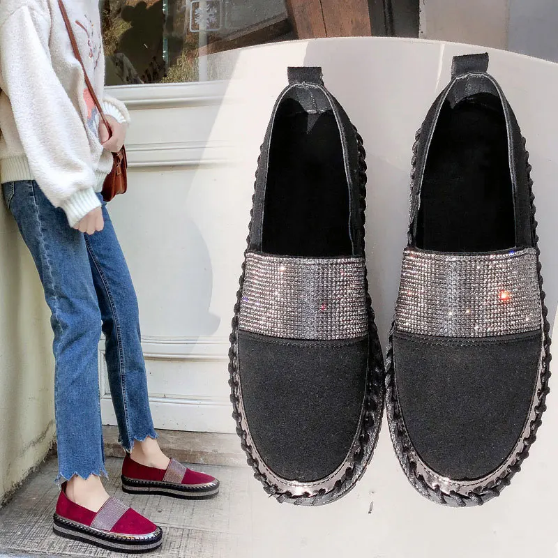 

Spring Women Flat Shoes Flock Slip On Ladies Loafers Patchwork Crystal Platform PU Fashion Woman Casual Moccasins Female Shoes
