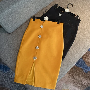 

Hip Skirt for Women 2020 Spring Retro Temperment Man-made Diamond One Step Slit High-waisted Skirt Office Lady's Skirts