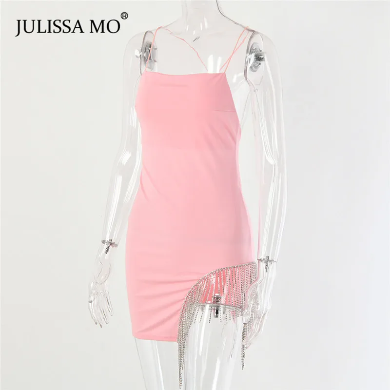 Julissa mo Новые Вечерние платья с блестящими бриллиантами, женское сексуальное облегающее платье на тонких бретелях, модное мини-платье с кисточками и подолом белого цвета