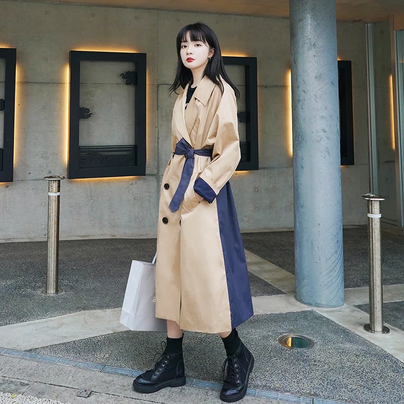 

Photo Shoot Khaki Joint Trench Coat Women's Long 2020 Spring Clothing New Style Korean-style Loose-Fit Elegant Versatile Coat