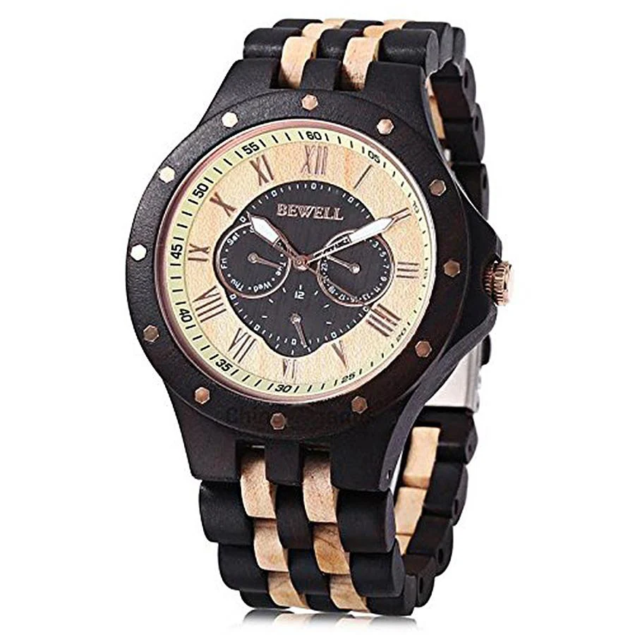 

Men Wooden Watch Quartz Movement Roman Numerals Scale Calendar Luminous Analog Wristwatch