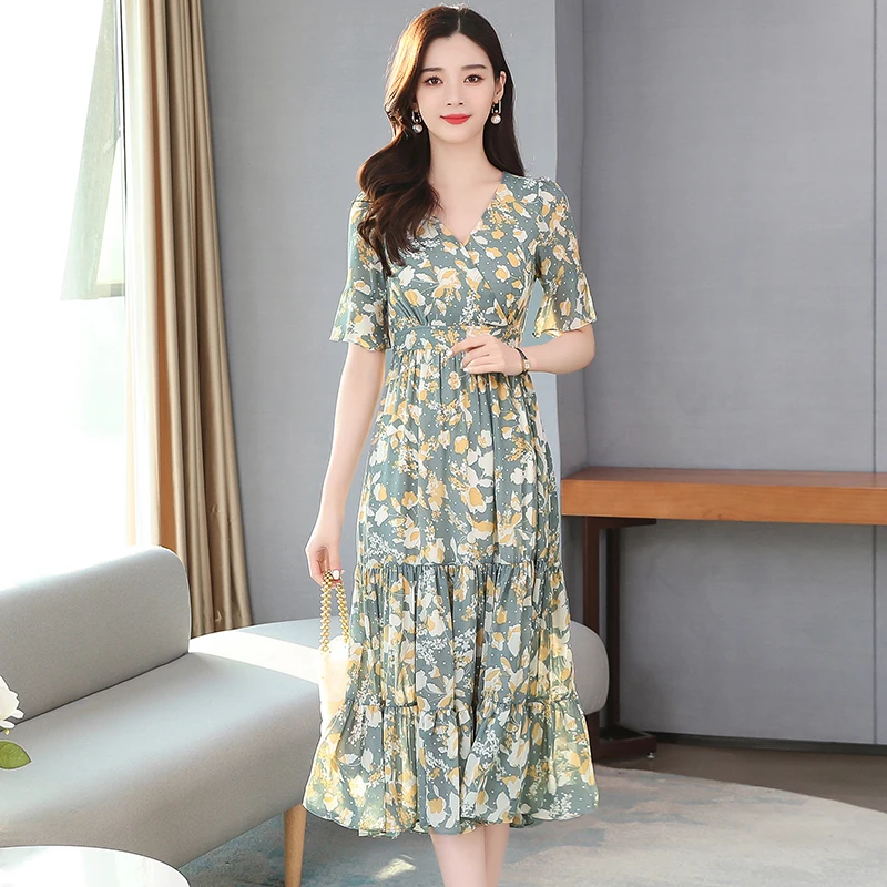 

2020 Summer Autumn Plus Size Green Vintage Chiffon Lady Midi Dresses Women Elegant Dress Party Short Sleeve Runway Vestidos