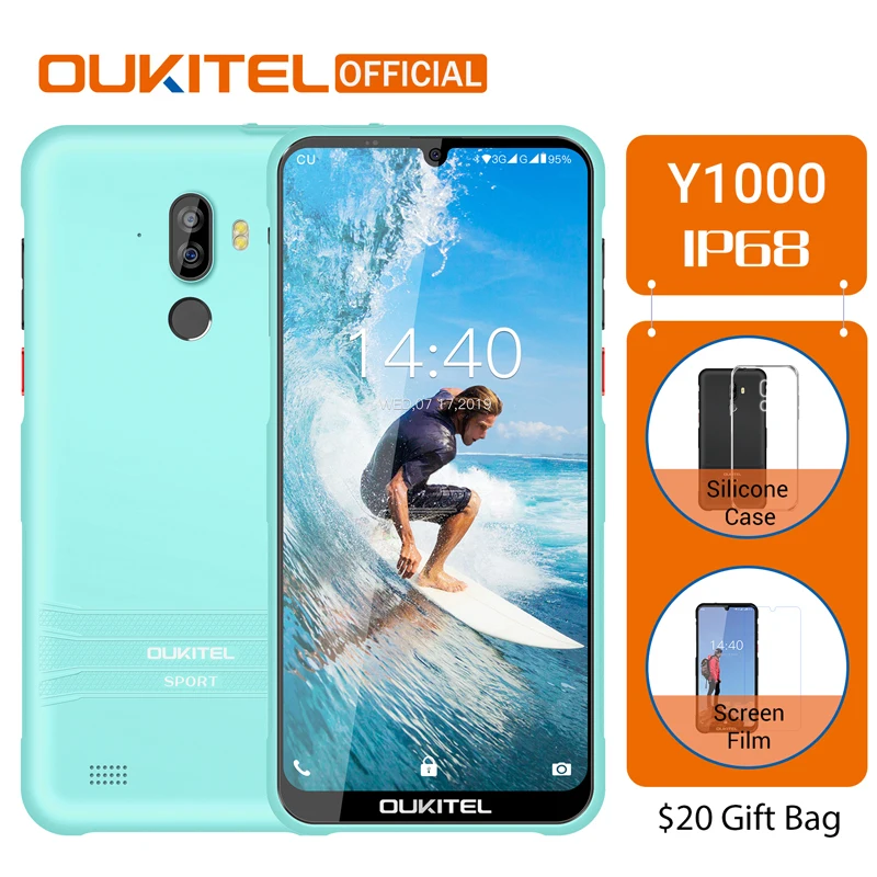 OUKITEL Y1000 Android 9,0 мобильный телефон 6,0" 19,5: 9 экран MT6580P 2 Гб ОЗУ 32 Гб ПЗУ 3600 мАч отпечаток пальца IP68 водонепроницаемый смартфон