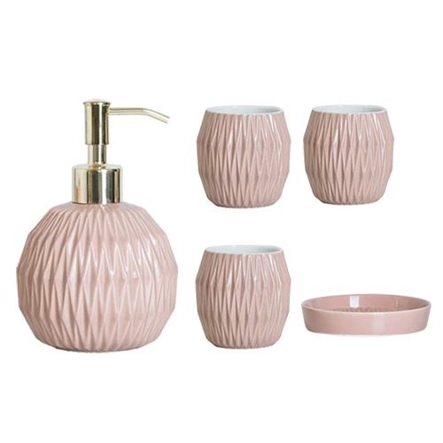 5-piece Set Ceramics Bathroom Accessory Set Washing Tools Bottle Mouthwash Cup Soap Toothbrush Holder Household Articles - Цвет: 5-piece set--Pink