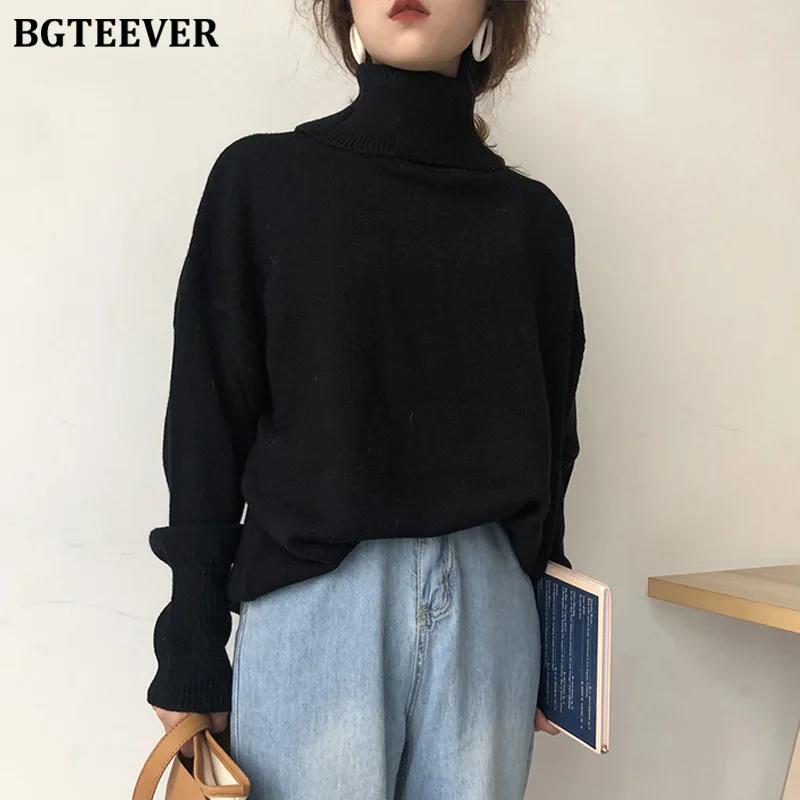 BGTEEVER, зимние, теплые, черные, женские свитера, одноцветные, водолазка, женские, вязаные топы, универсальные, пуловеры, джемперы, зима, pull femme