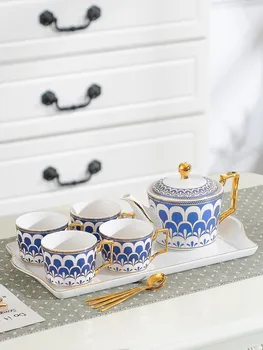 

Ceramic Tea Milk Coffee Cups & Pot Set With Tray & Gold 304 Stainless Steel Spoon Kitchen Drinkware 6 Pieces Wedding Gifts