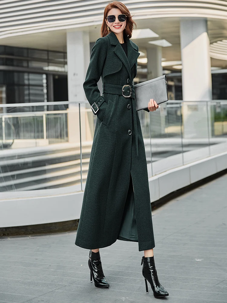 Winter Coat Women New Dark Green Wool Coat Female Turn-down Collar Single Breasted High Quality Plus Size Long Outerwear