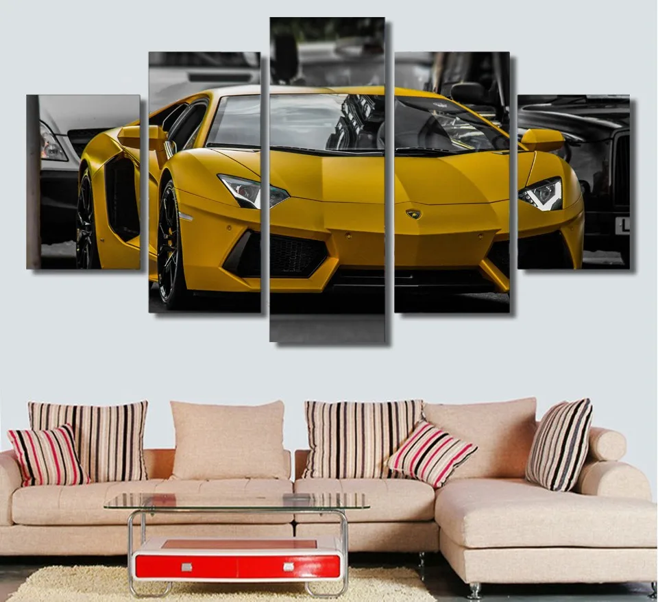 

No Framed 5 Panel Yellow Super Car Modular HD Wall Art Canvas Posters Pictures Paintings Home Decor for Living Room