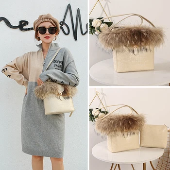 

brand luxury Rabbit fur Women handbag female designer bucket shoulder bags Quality Stone print PU leather lock Women's Totes