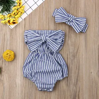 

Toddler Baby Girls Cotton Fashion Bow Striped Hair Band Bodysuit Infant Newborn Baby Sleeveless Jumpsuit Outfit Summer