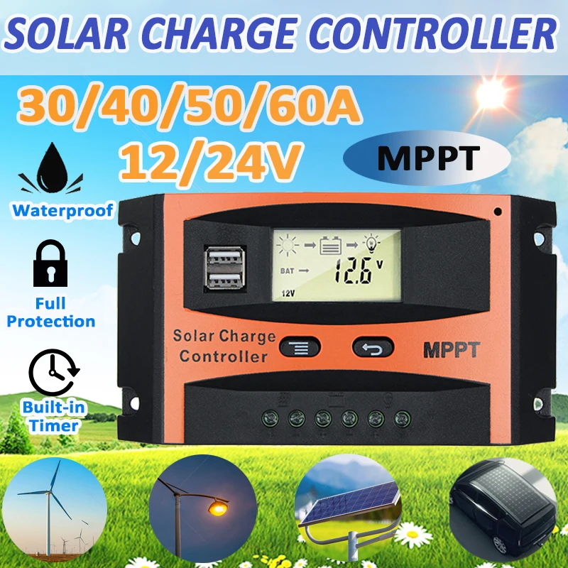 

Efficient MPPT 30A/40A/50A/60A 12V 24V Auto Solar Charge Controller Dual USB LCD Display Controllers Solar Cell Panel Regulator