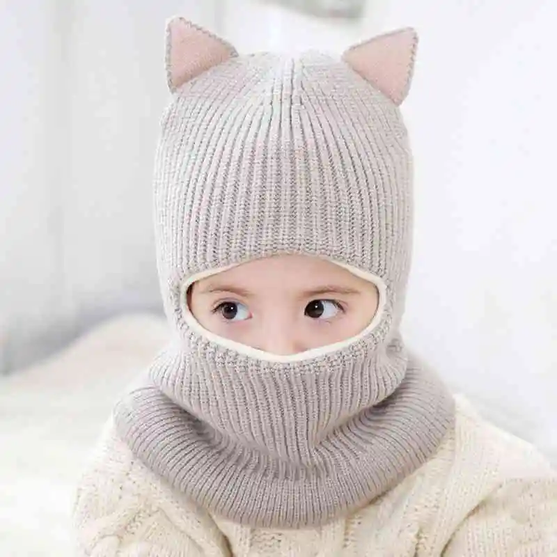 Детские зимние теплые вязанные шапки-бобы шарф-капюшон для девочек Флисовая Балаклава шапка уши CWW9129