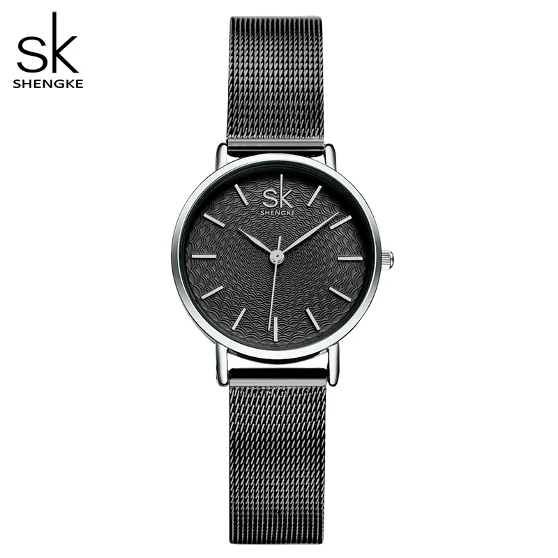 Shengke модные часы для женщин простой черный сетчатый Ремешок Браслет аналоговые наручные часы Relogio Feminino Montre Relogio часы