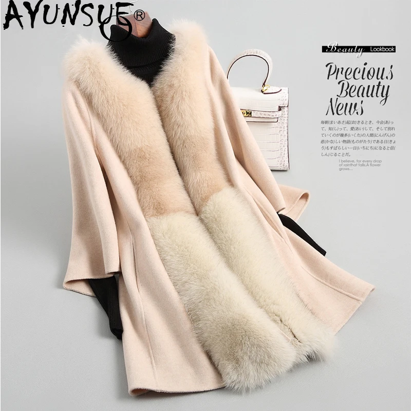 

AYUNSUE Real Fox Fur Collar Wool Coat Female Jacket Winter Jacket Women Double Side Woolen Coats Korean Long Jackets MY4014