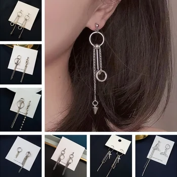 Simple Metal Tassels Chain Pin cross Pendant Earrings For Women Girls Geometric Asymmetry Personality Ear Circle Ear Jewelry