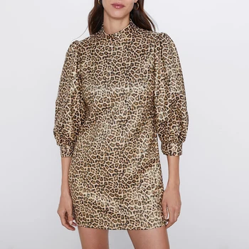 

Foridol leopard print satin party dress women autumn winter fashion 2019 lantern sleeve vintage dress vestidos