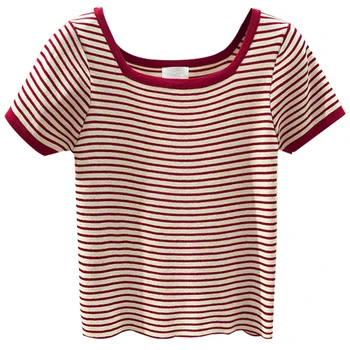 

HELIAR Tees Women Stripes Knitted T-shirt Short Sleeve Cotton Square Neck T-shirts For Women 2020 Summer