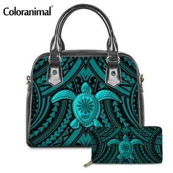 

Coloranimal Fashion 2Pcs/Set PU Tote Handbag&Purse Samoan Polynesian Turtle Print Shoulder Bag for Women Protable Messenger Bag