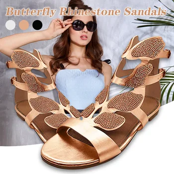 

New Rhinestone Gladiator Sandals Flat Butterfly-Shape Shoes for Women Bridal Wedding SCI88
