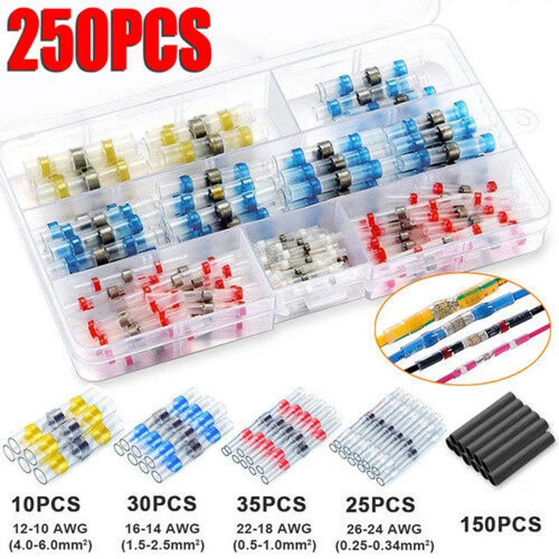 

250Pcs Waterproof Solder Sleeve Heat Shrink Butt Wire Splice Connector Terminal An easy one step connection of wires, soldered,