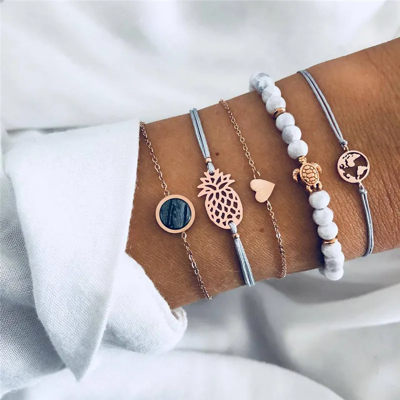 

Modyle New 5 Pcs/ Set Personality Turtle Heart Map Pineapple Bead Chain Leather Multilayer Bracelet Set Women Fashion Jewelry