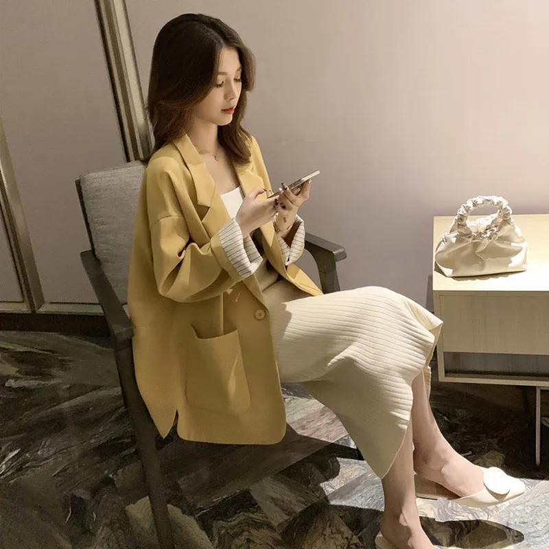 

2019 New Fashion Network Red Wind Korean-style Elegant Korean-style CHIC Retro Bright Yellow Loose-Fit Suit Jacket