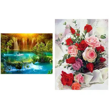 

2 set 5D Diy Diamond Painting Home Decor Full Round Diamond Embroidery - Waterfall swan lake & Pink rose bouquet