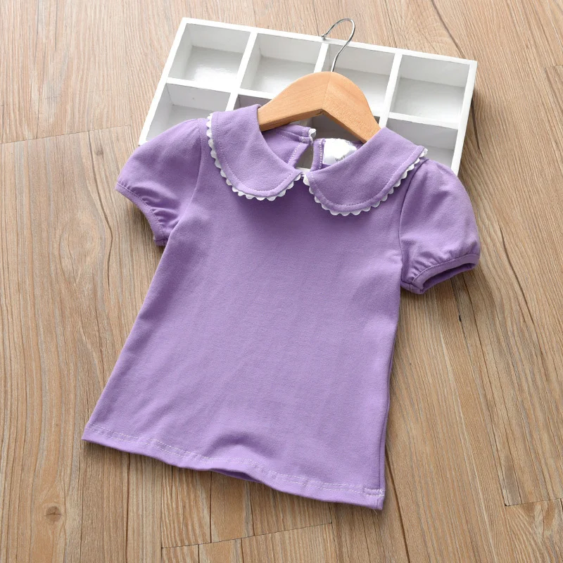 Блузки для девочек хлопковые топы для детей, летняя школьная блузка для девочек детская одежда рубашка для девочек пляжная одежда с короткими рукавами для малышей, 73-130 - Цвет: su purple