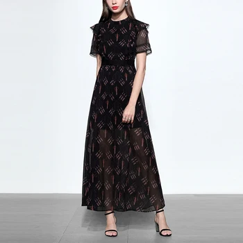 

Seifrmann Summer Fashion Designer Chiffon Dress Women Vintage Short sleeve Lace Patchwork Print Big swing Ladies Midi Dress