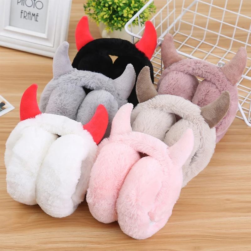 Women Soft Plush Earmuff with Horns Girls Cute Winter Adjustable Ear Muffs Female Foldable Outdoor Cycling Ski Ear Warmers warm earmuffs fur earmuffs