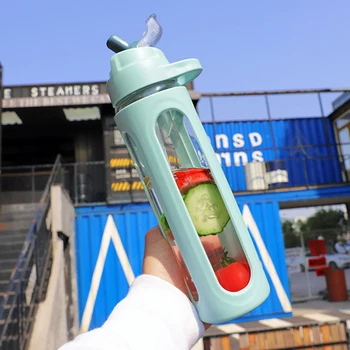 

600ml Fashion Large Capacity Portable Liquid Container Leak Proof Sports With Straw Drinking Travel Water Bottle Glass Sleeve