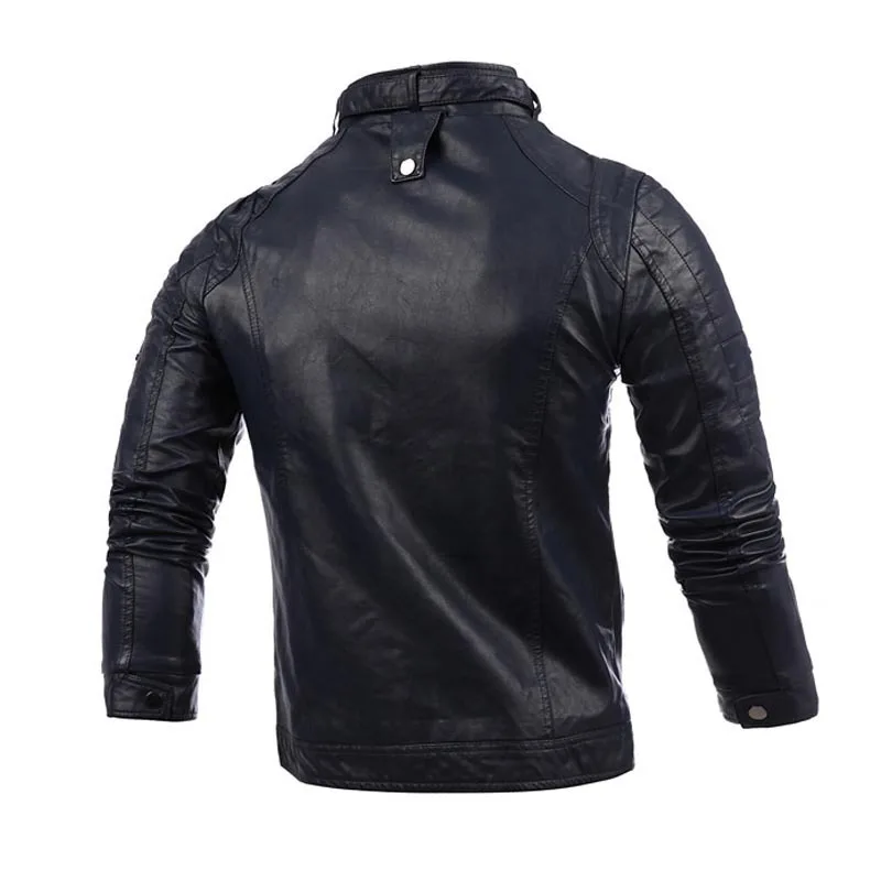 

2018 Hot Selling New Style Stand Collar Zipper Cardigan PU Leather Long Sleeve Chest Zipper Pocket MEN'S Leather Coat
