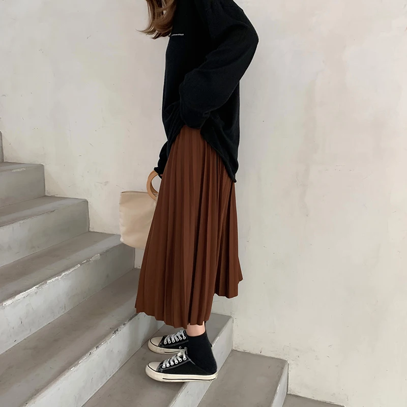 Новинка, осенняя Женская юбка, одноцветная, высокая талия, тонкие юбки в складку, черные, темно-зеленые, цвет абрикосовый, F7796