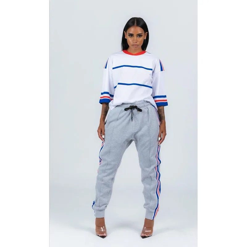 

2020 Autumn Women Sports Suit Hot Style Model Stripe Print Top & Drawstring Trousers European And American Casual 2 Piece Set