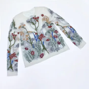 

2020 Autumn High Quality Mohair Sweaters Ladies Runway Fashion Floral Embroidery Long Sleeve Wool Cashemere Blend Pullovers