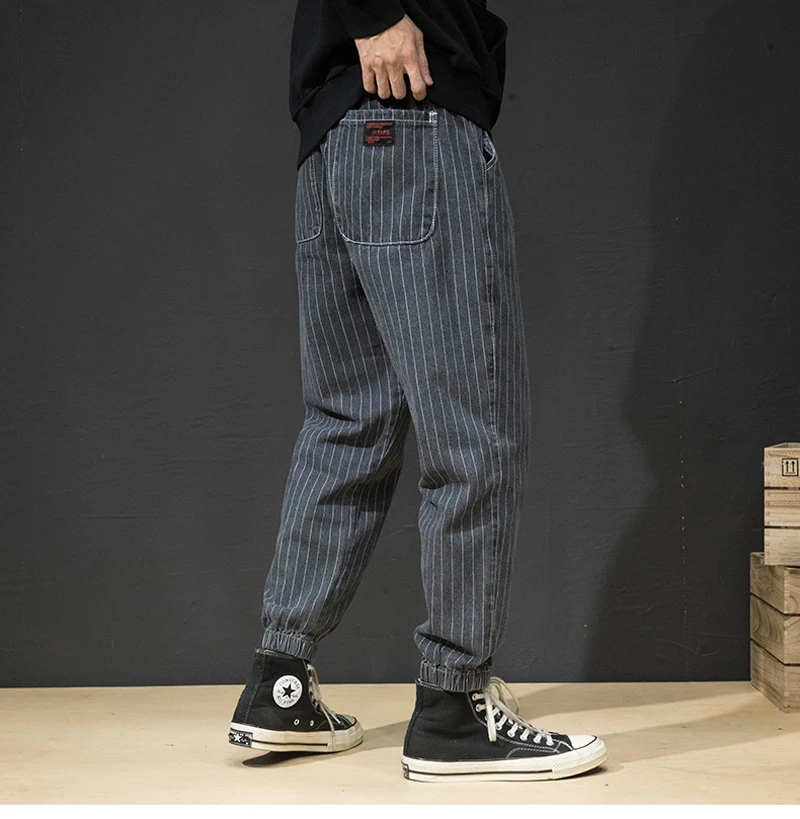 Японский стиль, модные мужские джинсы, свободный крой, Ретро стиль, в полоску, дизайнерские штаны-шаровары, свободные, в стиле хип-хоп, джинсы, Мужские штаны для бега