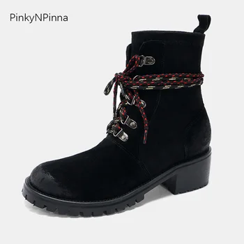 

women black ankle boots cow leather suede laced up chunky heels round toe western riding wild outdoor winter ladis booties shoes