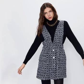 

ZA Autumn and Winter Mix and Match Wind Vest Dress Women's Woven Sleeveless V-neck Button A-shaped Stretch Vest Dress