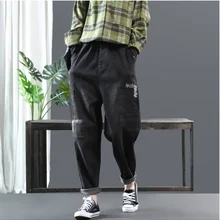 Демисезонный джинсы для женщин в стиле ретро Для женщин штаны с эластичной резинкой на талии джинсовые штаны новые женские Повседневное карман с брюки, подходящие для любого размера