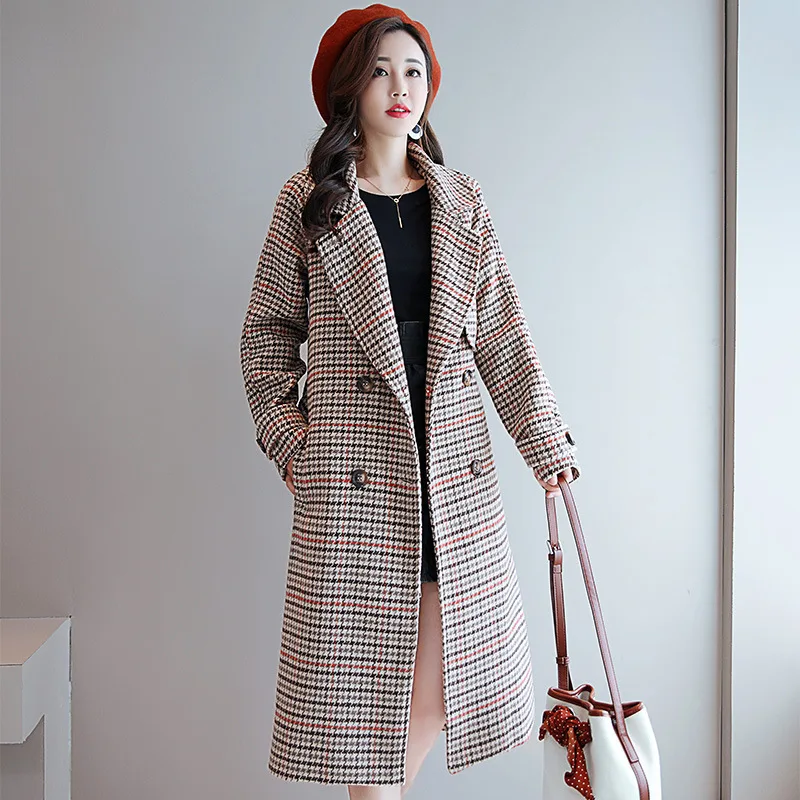 Autumn New Style Popular Plaid Hepburn Wind Mao Duffle Coat Women's Mid-length over-the-Knee off Season Woolen Jacket Fashi