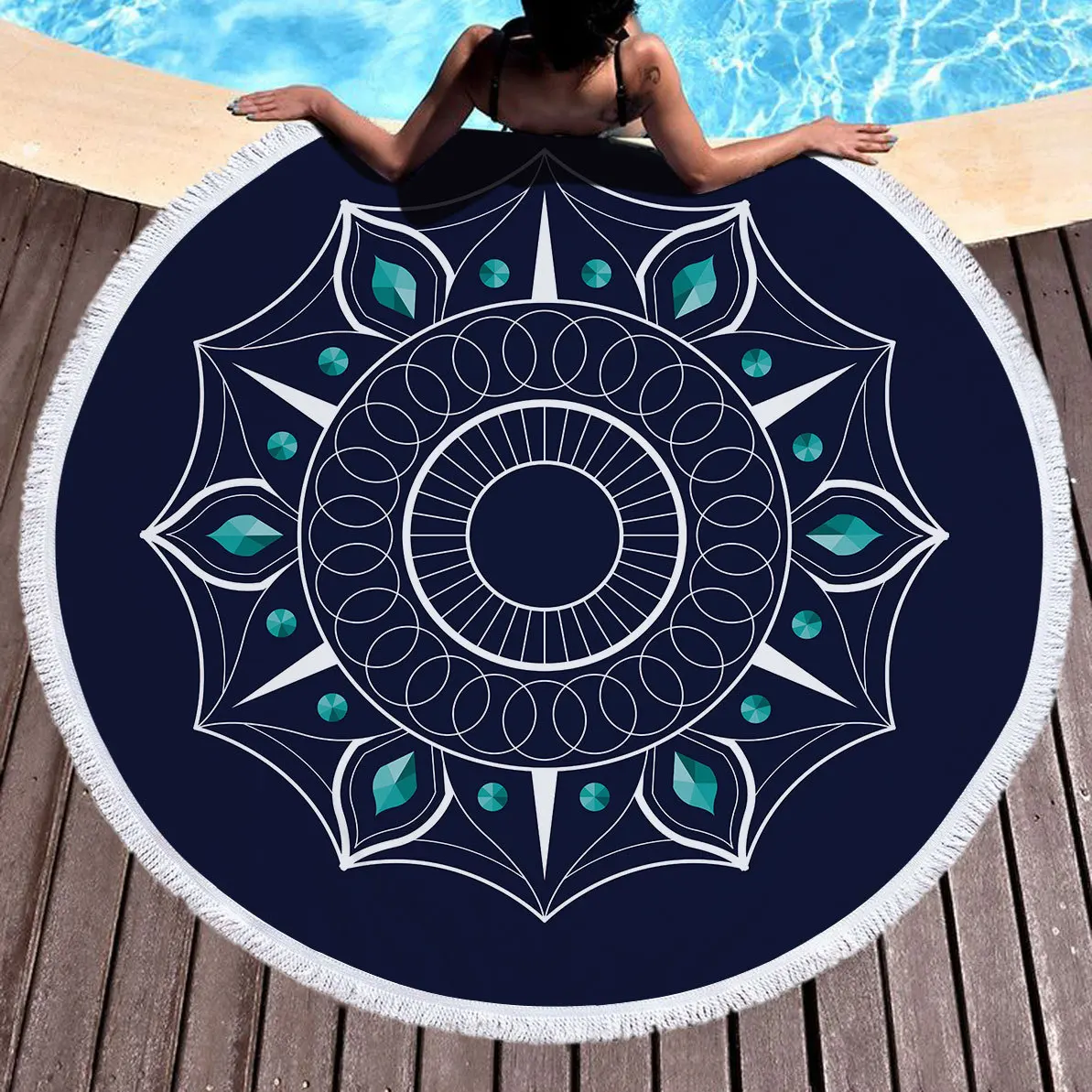 

Superfine Fibre round Beach Towel Bath Towel Mandala Printed Webbing Tassels 150cm Export