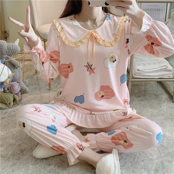 

Autumn ladies' and students' pajamas printed baby collar double side milk silk striped household clothes
